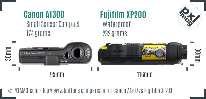 Canon A1300 vs Fujifilm XP200 top view buttons comparison Canon A1300 vs Fujifilm XP200 top view buttons comparison