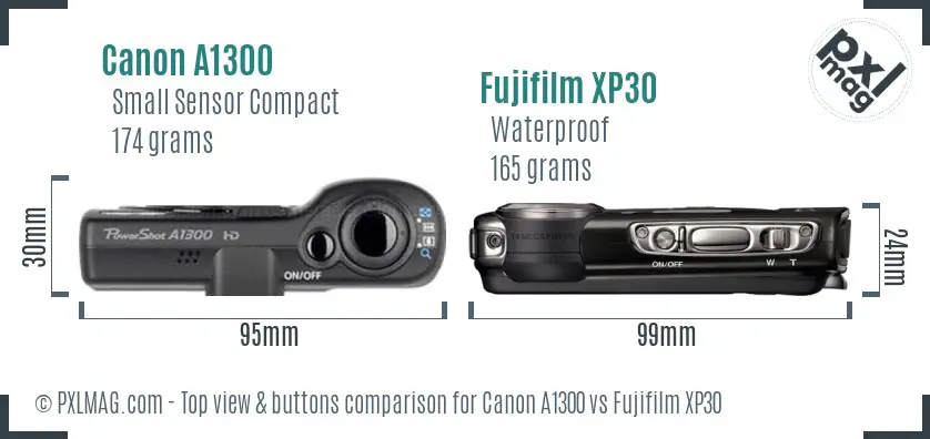 Canon A1300 vs Fujifilm XP30 top view buttons comparison