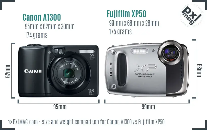 Canon A1300 vs Fujifilm XP50 size comparison