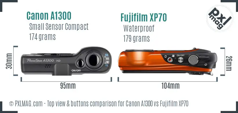 Canon A1300 vs Fujifilm XP70 top view buttons comparison Canon A1300 vs Fujifilm XP70 top view buttons comparison