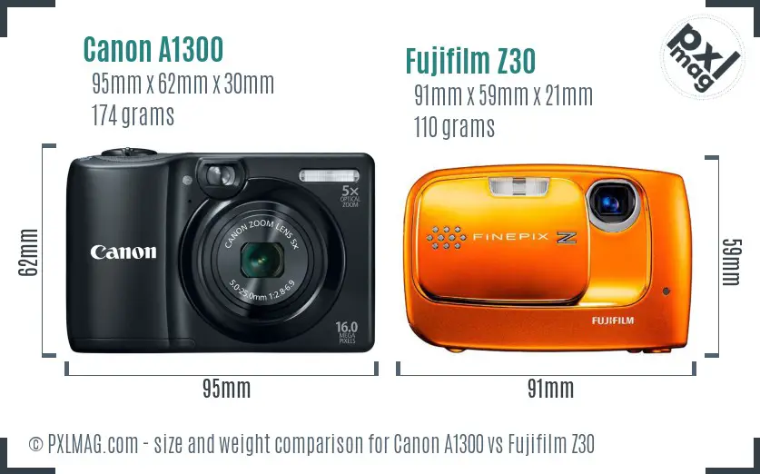 Canon A1300 vs Fujifilm Z30 size comparison