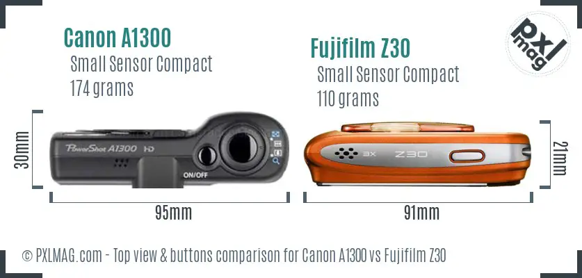 Canon A1300 vs Fujifilm Z30 top view buttons comparison