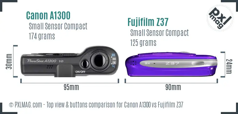 Canon A1300 vs Fujifilm Z37 top view buttons comparison