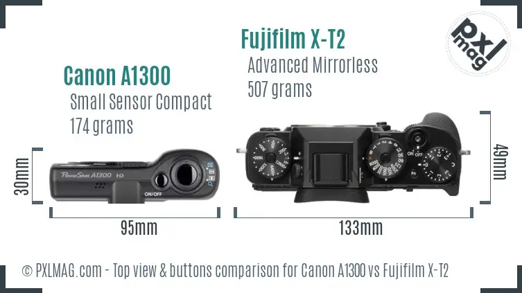 Canon A1300 vs Fujifilm X-T2 top view buttons comparison