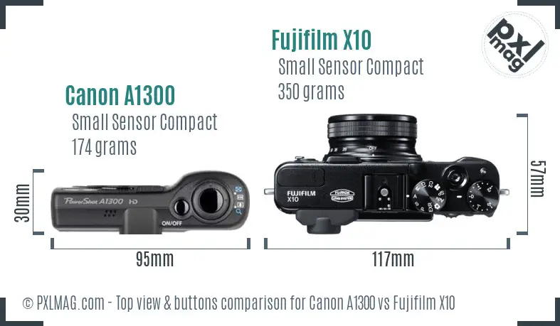 Canon A1300 vs Fujifilm X10 top view buttons comparison Canon A1300 vs Fujifilm X10 top view buttons comparison