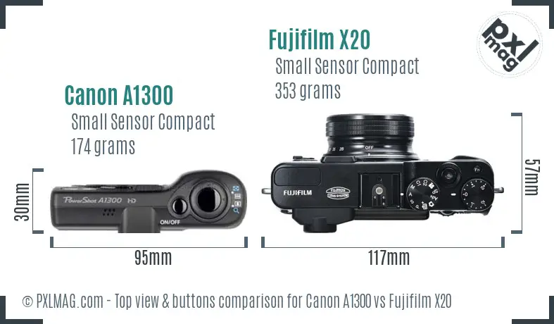 Canon A1300 vs Fujifilm X20 top view buttons comparison