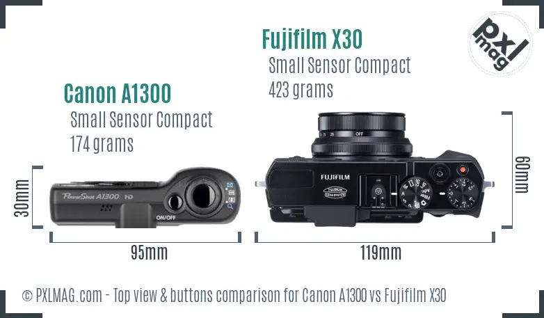 Canon A1300 vs Fujifilm X30 top view buttons comparison