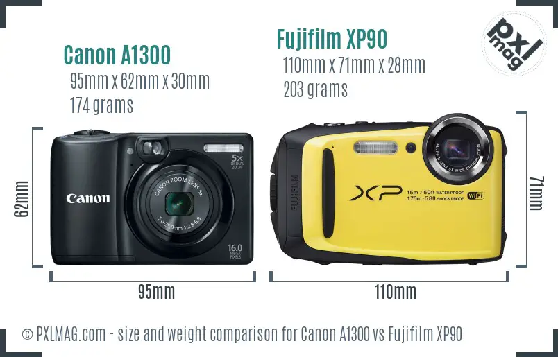 Canon A1300 vs Fujifilm XP90 size comparison
