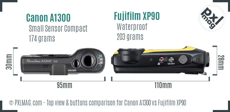 Canon A1300 vs Fujifilm XP90 top view buttons comparison