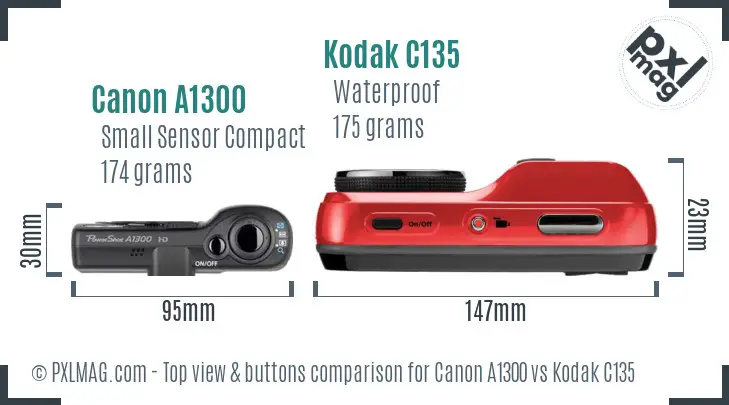 Canon A1300 vs Kodak C135 top view buttons comparison