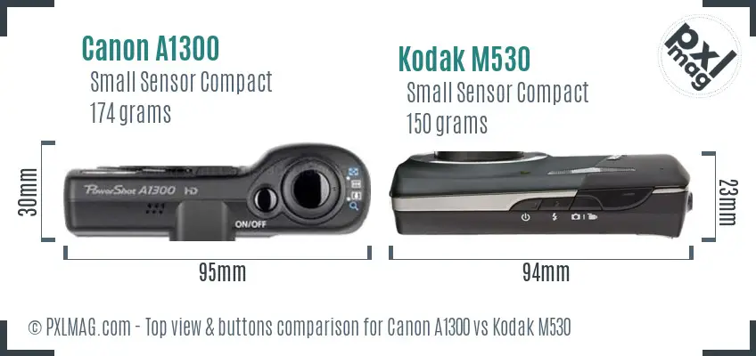 Canon A1300 vs Kodak M530 top view buttons comparison