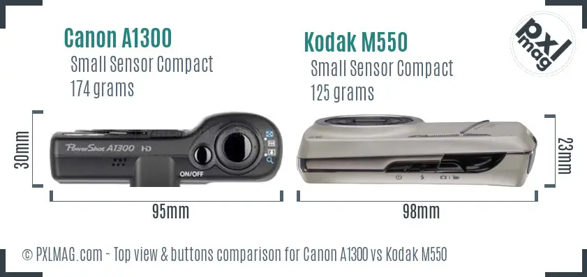 Canon A1300 vs Kodak M550 top view buttons comparison