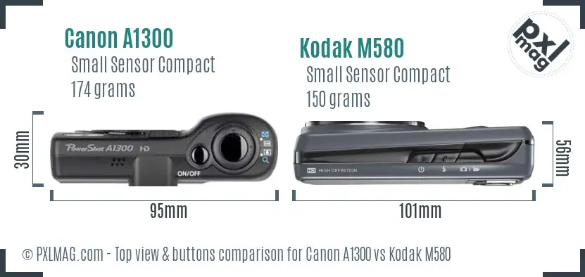 Canon A1300 vs Kodak M580 top view buttons comparison