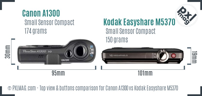 Canon A1300 vs Kodak Easyshare M5370 top view buttons comparison