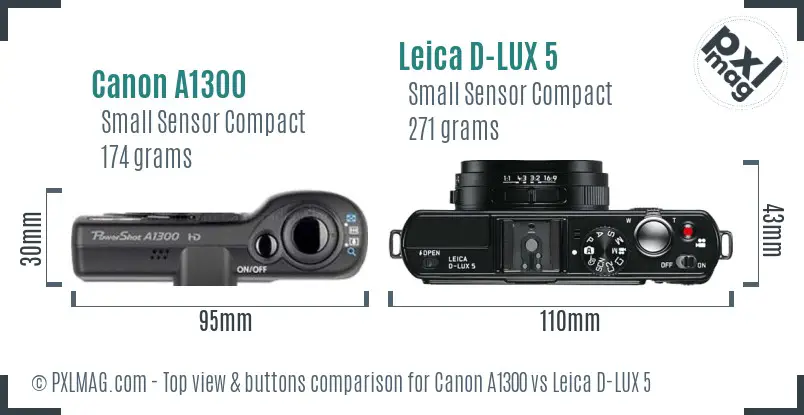 Canon A1300 vs Leica D-LUX 5 top view buttons comparison Canon A1300 vs Leica D-LUX 5 top view buttons comparison