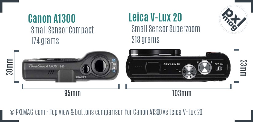 Canon A1300 vs Leica V-Lux 20 top view buttons comparison