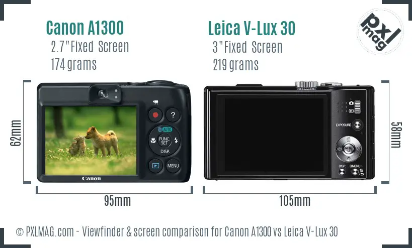 Canon A1300 vs Leica V-Lux 30 Screen and Viewfinder comparison