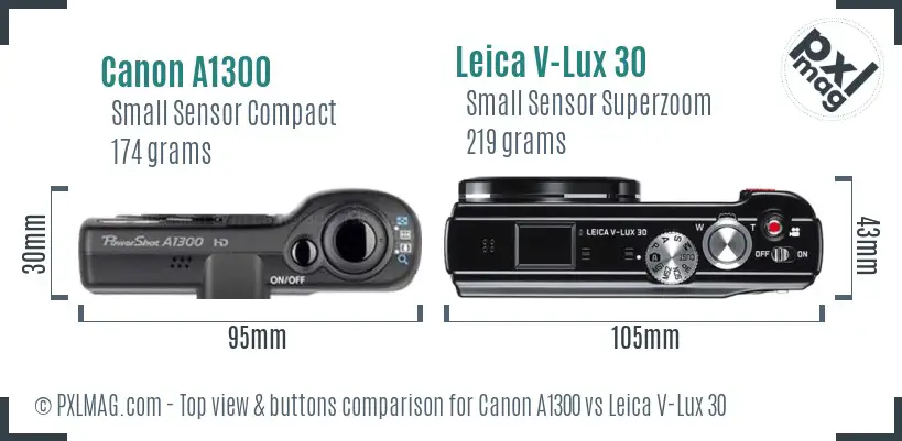 Canon A1300 vs Leica V-Lux 30 top view buttons comparison