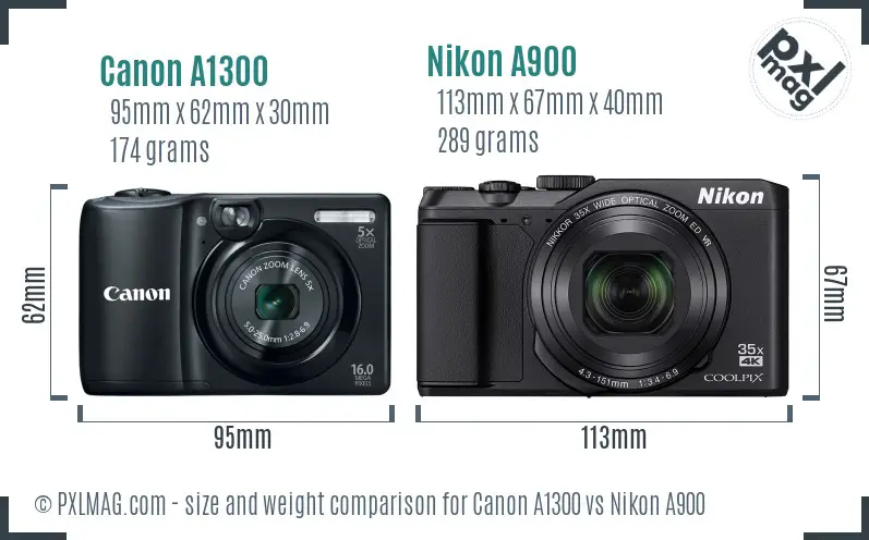 Canon A1300 vs Nikon A900 size comparison
