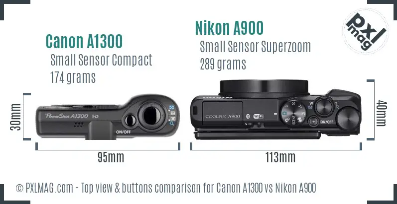 Canon A1300 vs Nikon A900 top view buttons comparison