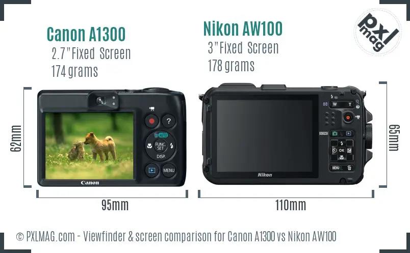 Canon A1300 vs Nikon AW100 Screen and Viewfinder comparison