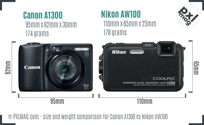 Canon A1300 vs Nikon AW100 size comparison