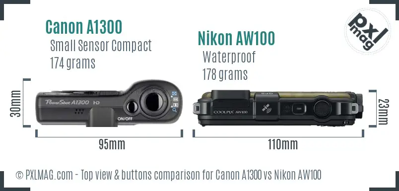 Canon A1300 vs Nikon AW100 top view buttons comparison