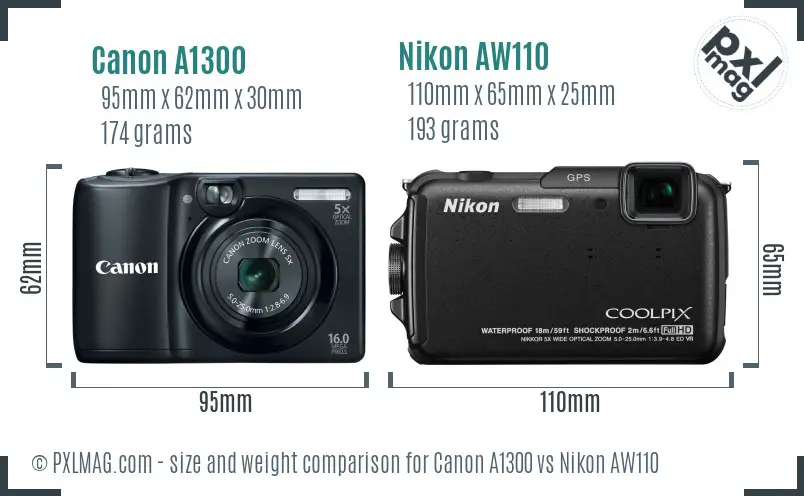 Canon A1300 vs Nikon AW110 size comparison