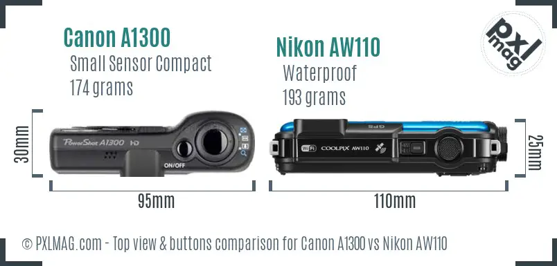 Canon A1300 vs Nikon AW110 top view buttons comparison