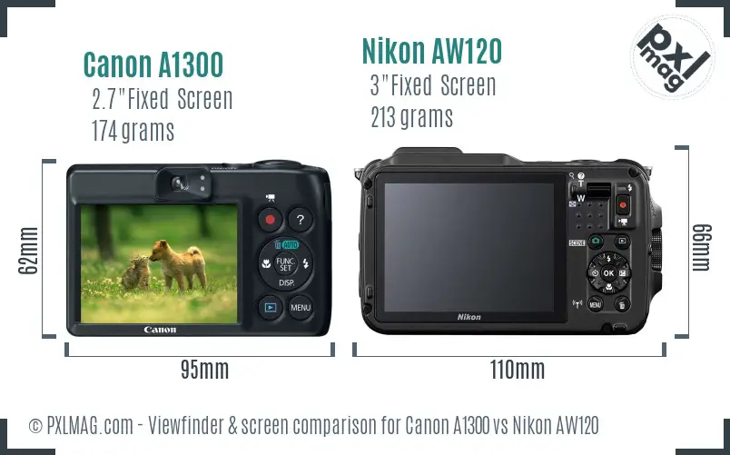 Canon A1300 vs Nikon AW120 Screen and Viewfinder comparison