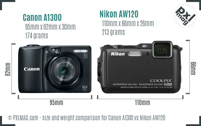 Canon A1300 vs Nikon AW120 size comparison