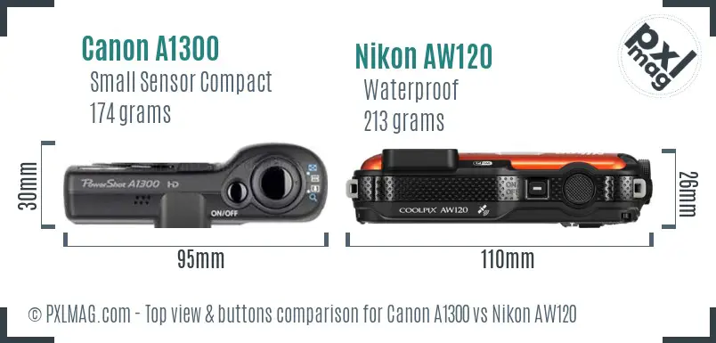 Canon A1300 vs Nikon AW120 top view buttons comparison