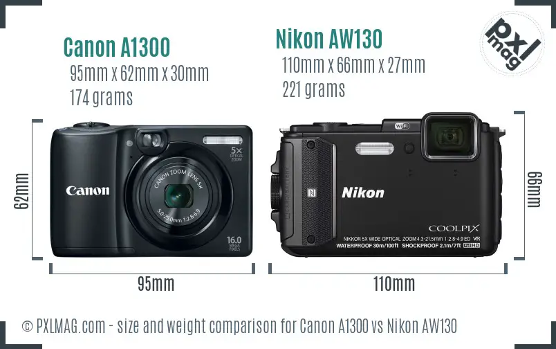 Canon A1300 vs Nikon AW130 size comparison