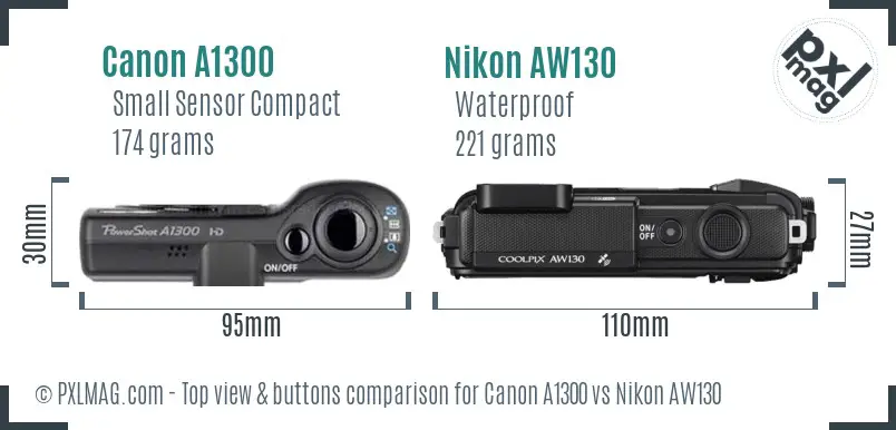 Canon A1300 vs Nikon AW130 top view buttons comparison
