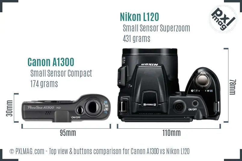 Canon A1300 vs Nikon L120 top view buttons comparison