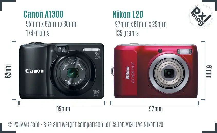 Canon A1300 vs Nikon L20 size comparison