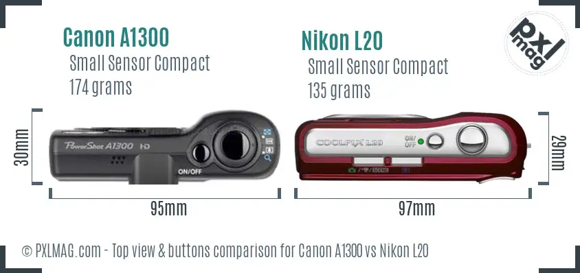 Canon A1300 vs Nikon L20 top view buttons comparison