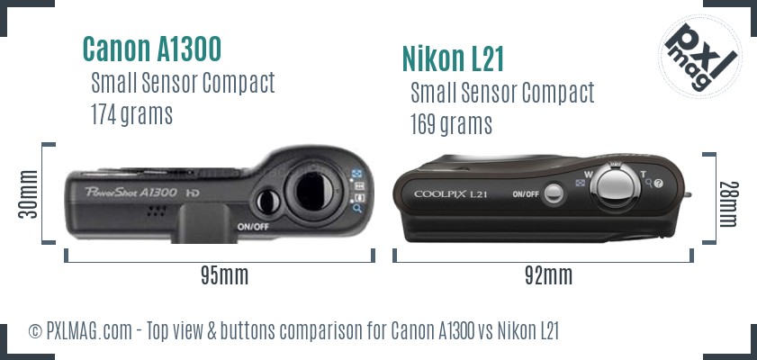 Canon A1300 vs Nikon L21 top view buttons comparison