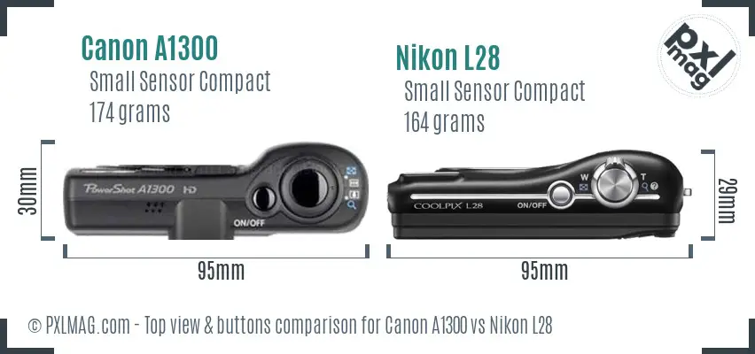 Canon A1300 vs Nikon L28 top view buttons comparison Canon A1300 vs Nikon L28 top view buttons comparison