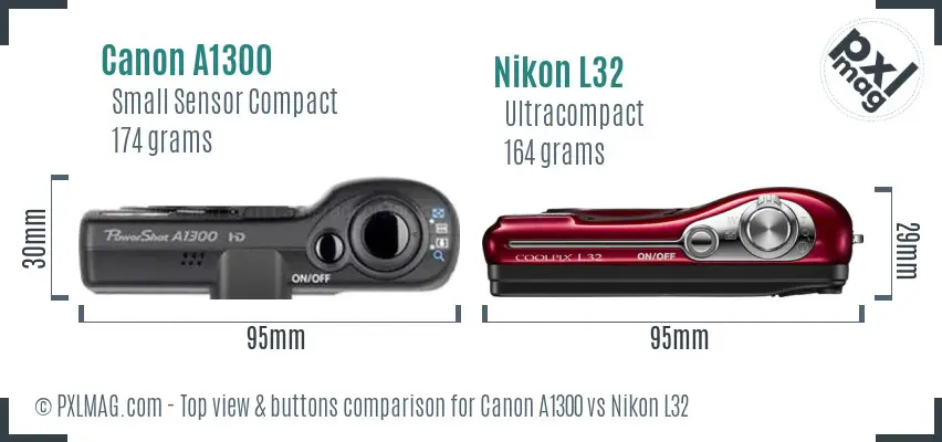 Canon A1300 vs Nikon L32 top view buttons comparison