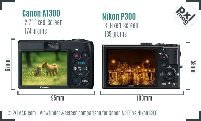 Canon A1300 vs Nikon P300 Screen and Viewfinder comparison
