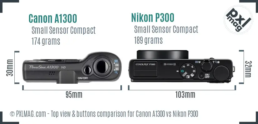 Canon A1300 vs Nikon P300 top view buttons comparison