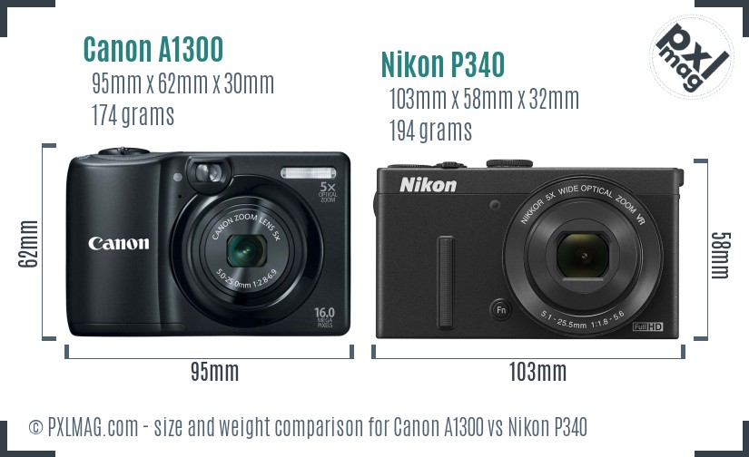 Canon A1300 vs Nikon P340 size comparison