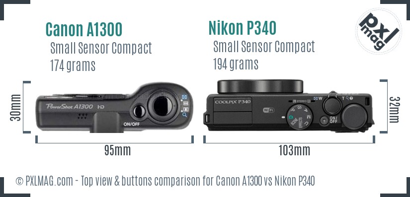 Canon A1300 vs Nikon P340 top view buttons comparison