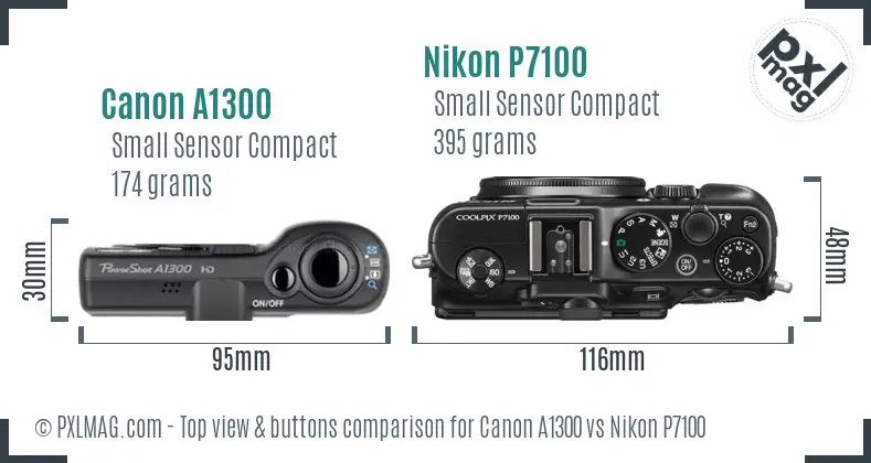 Canon A1300 vs Nikon P7100 top view buttons comparison