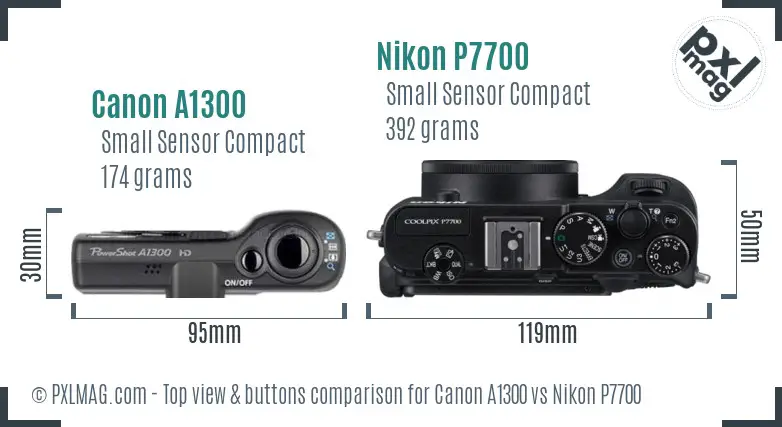 Canon A1300 vs Nikon P7700 top view buttons comparison
