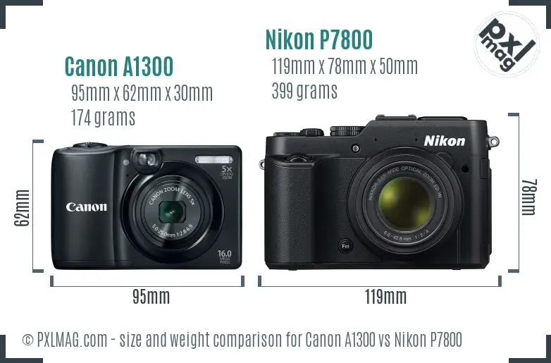 Canon A1300 vs Nikon P7800 size comparison