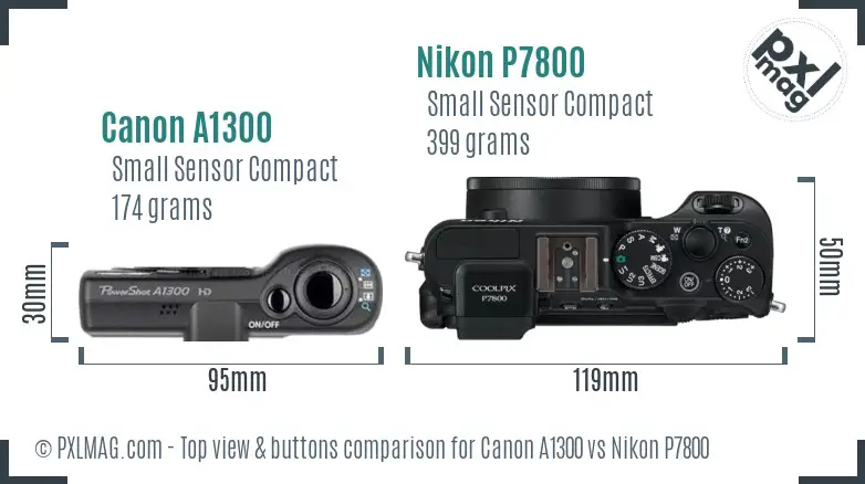 Canon A1300 vs Nikon P7800 top view buttons comparison