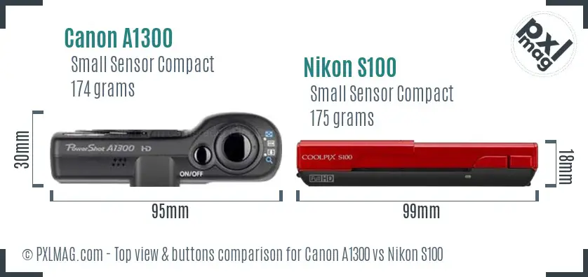 Canon A1300 vs Nikon S100 top view buttons comparison Canon A1300 vs Nikon S100 top view buttons comparison