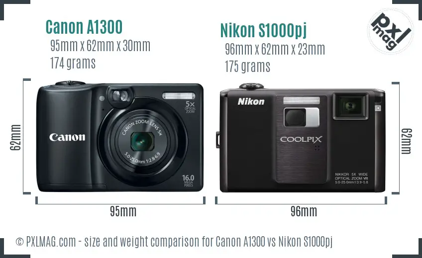 Canon A1300 vs Nikon S1000pj size comparison